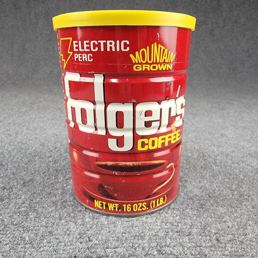 Vintage 80's Folgers 16 oz 1 lb Mountain Grown Coffee Can Tin Electric Perc